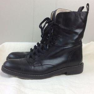 Theory Leather Black Combat Boot Laced Zipper 37